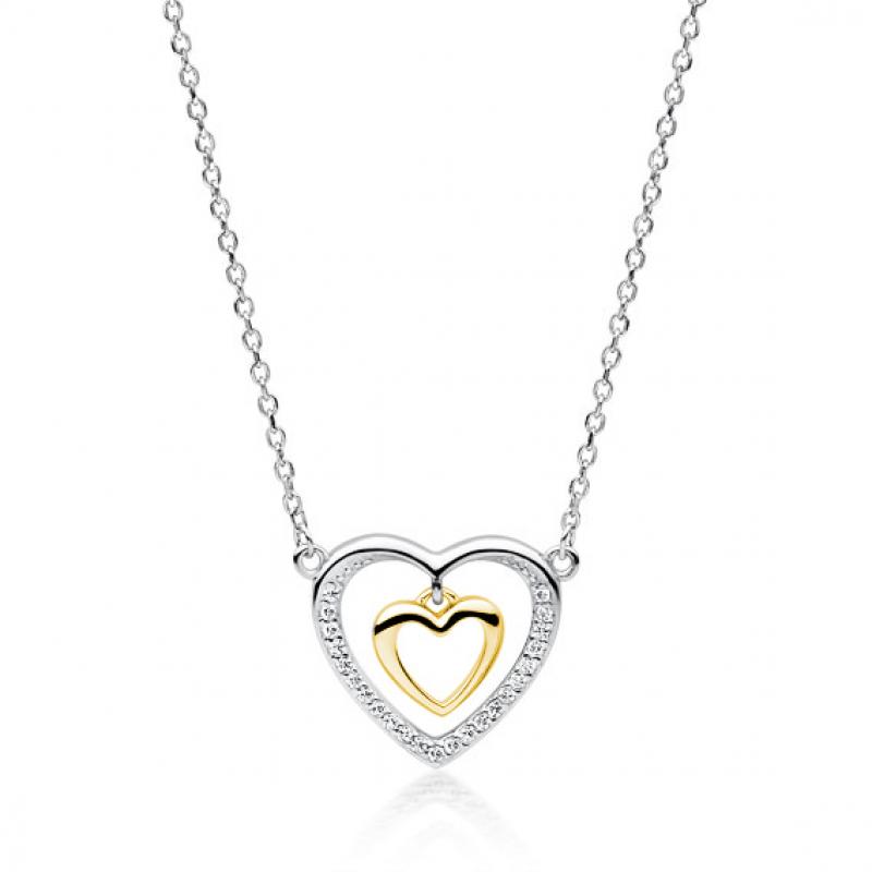Colier argint inima cu pietre si inimioara placata cu aur galben DiAmanti Z1766NGR2-DIA (Argint 925‰ 2,4 g.)